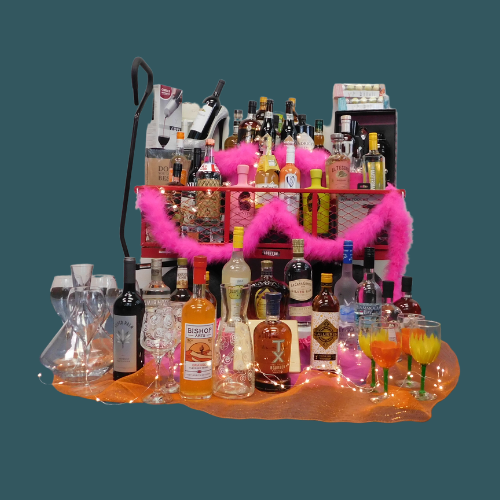 Photo of party wagon including bar ware, wine, liquors, beer