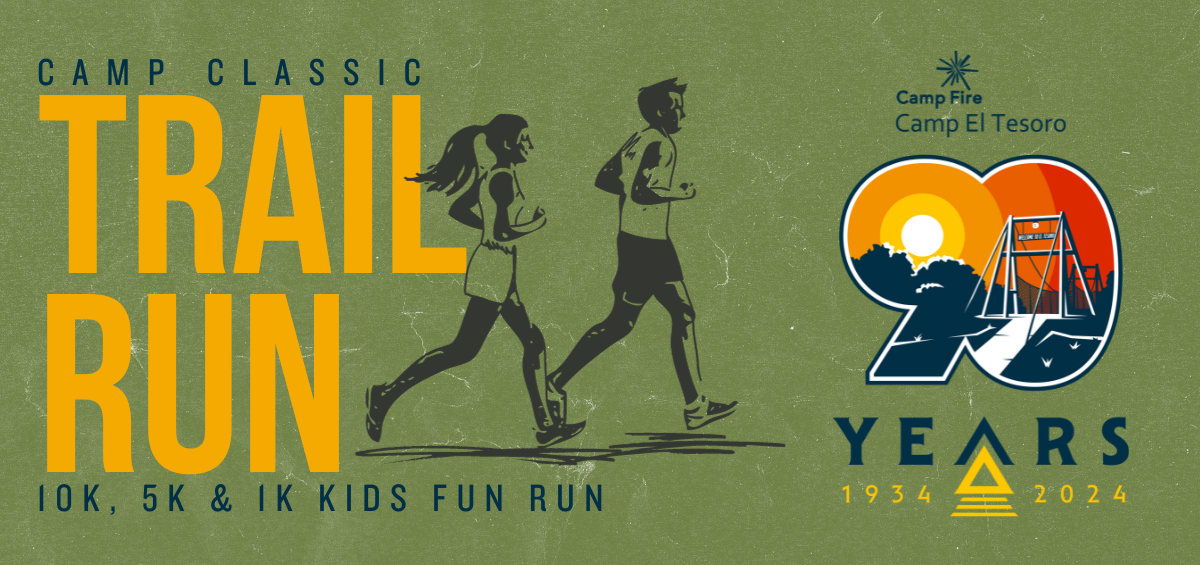 Camp Classic Trail Run 10k, 5k & 1k kids fun run, Camp Fire Camp El Tesoro logo, 90 Years 1934 - 2024