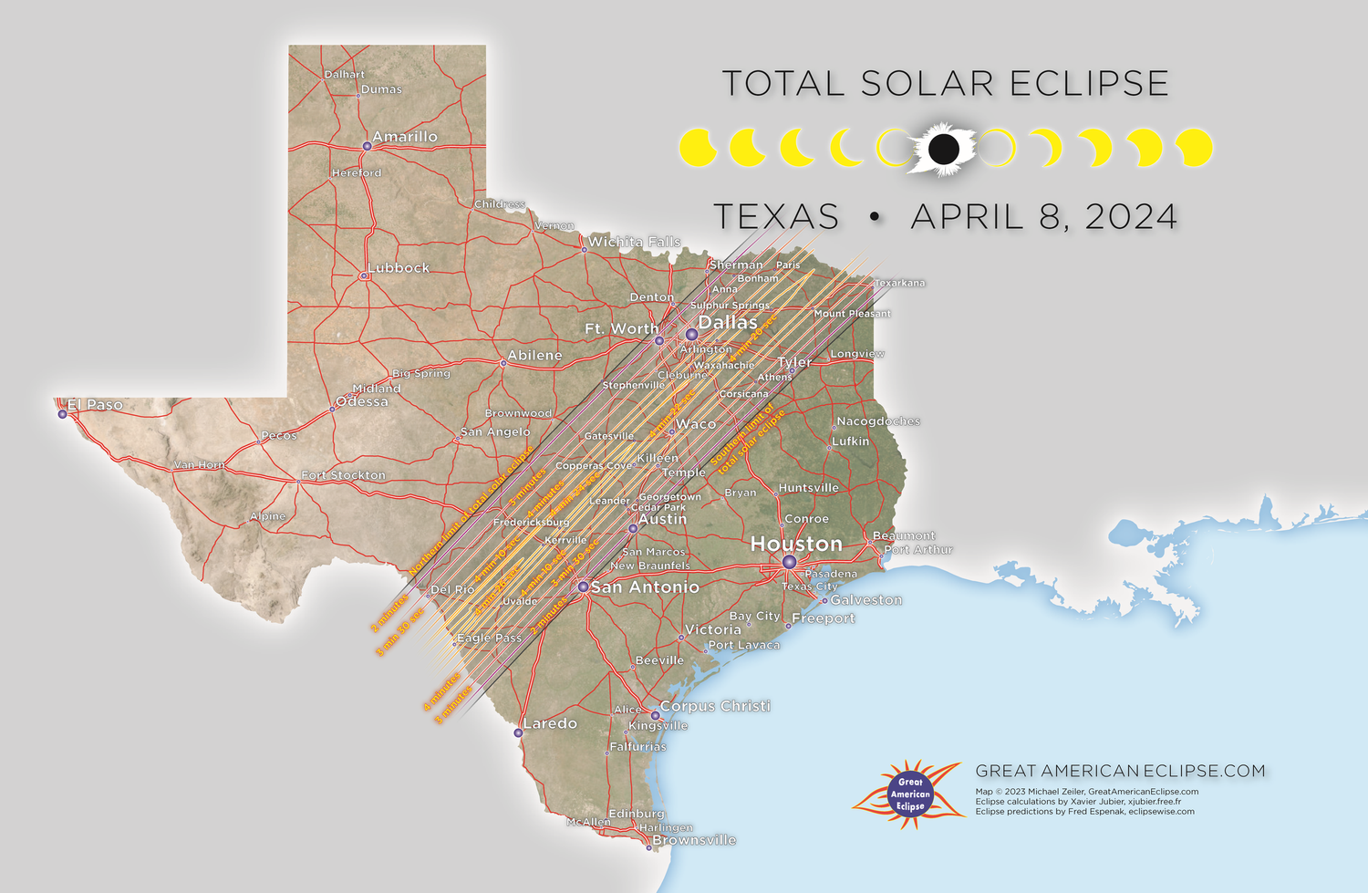 map of texas eclipse path for April 8, 2024