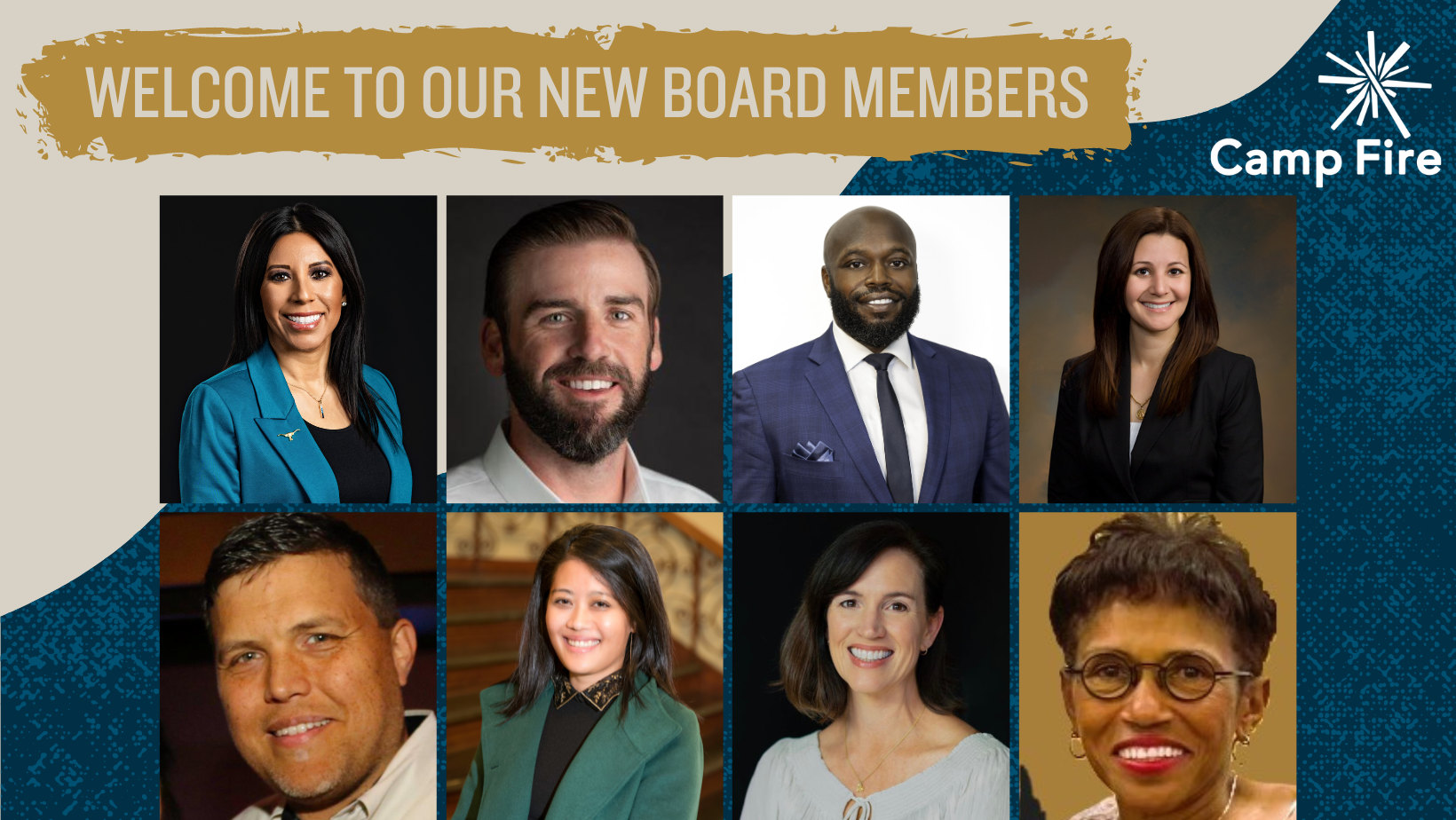 Welcome to our new Board Members for 2024 Term, headshot photos of Rachel Arellano, Joshua Cottle, Simeon Henderson, Isa Peña-Keller, Shane Mudge, Vanna Ngo, Dr. Laura Power, Trudy Sanders
