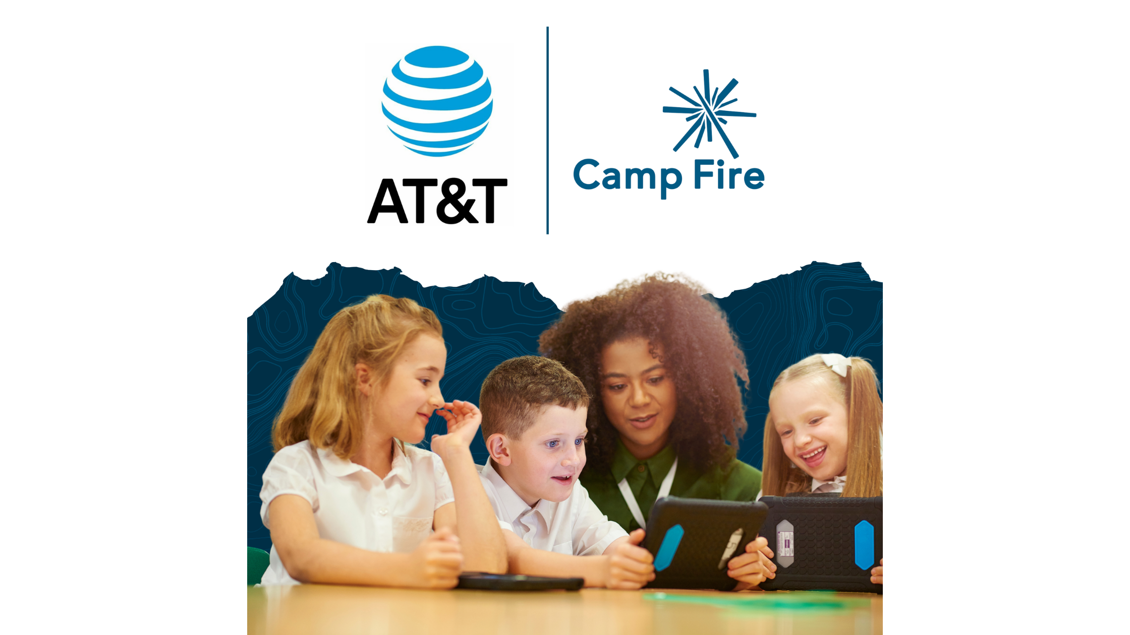 AT&T logo and Camp Fire logo above youth and adult looking at a laptop